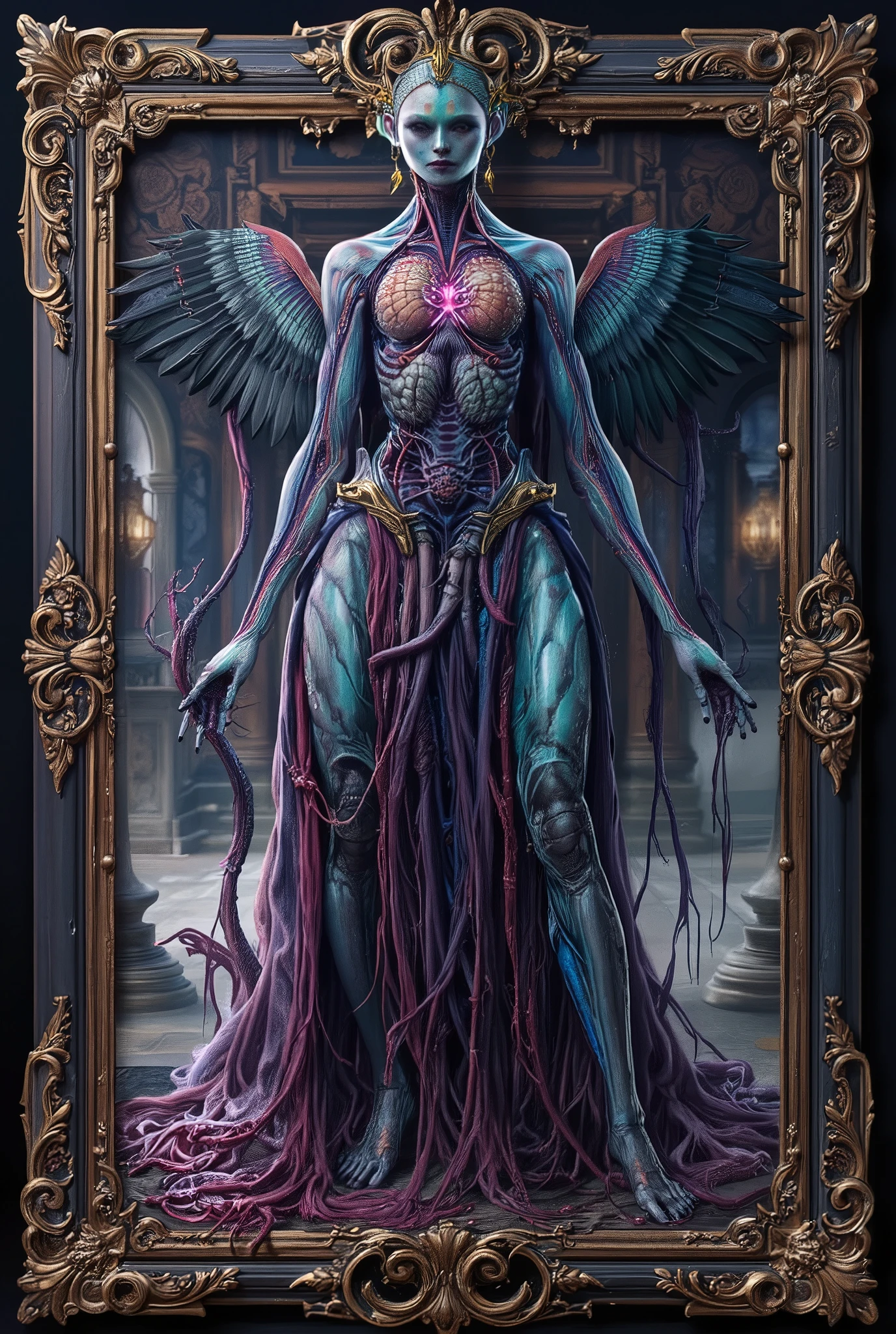 The terrifying monster Mozuma has a terrifying appearance with its outer skin and internal organs reversed, and its brain is visible from the outside. It is said that during the day it takes the form of a beautiful woman, but at night it spits out its internal organs from its mouth, turns inside out, and reveals its true form. Its favorite food is human, highly detailed and richly textured, decaying yet majestic, 4k HD, super realistic, professional-grade photos, vivid and colorful, exudes soft light and shadow, Extreme Detail, neon colored, dark fantasy concept art, epic illustration, ornate fantasy trading card frame with golden intricate edges, Magic: The Gathering style layout