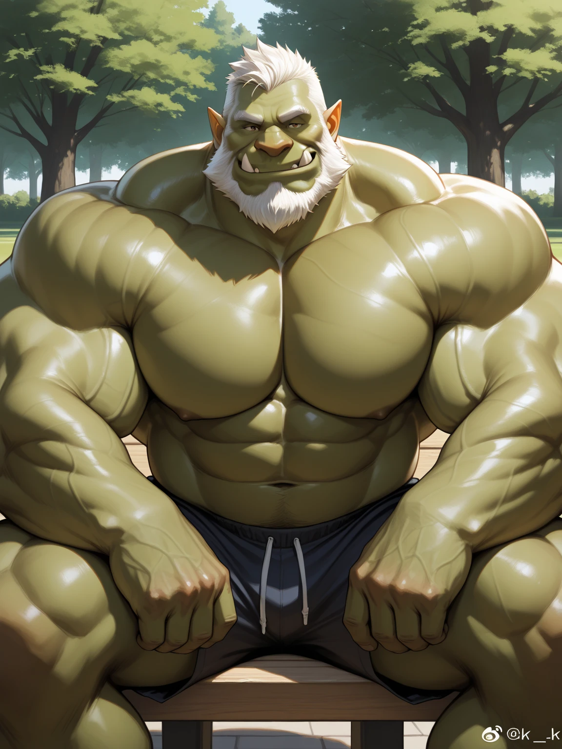 solo, 1boy, perfect anatomy, perfect proportion. Huge Muscular Old man hulk, hulk, view from side, pectoral, thick arms, huge pectoral, wide pectoral, short white hair, red beard and hair, simple background, masterpiece, semirealistic:1.2, high detailed, 8k, high resolution, perfect center, full view. ((really big muscle, massive muscular, sixpack, thick arms, wide pectoral, super huge muscle, hyper muscular, over sized muscle, huge arms, big arms, huge pectoral))
