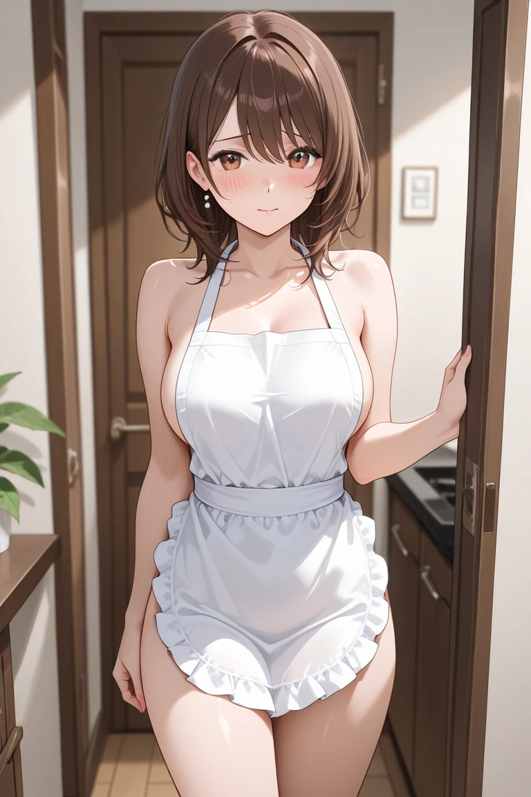 ((masterpiece)),((best quality)),ultra-detailed,illustration,1girl,breasts,apron,solo,long hair,purple eyes,large breasts,brown hair,naked apron,kitchen,smile,cleavage,looking at viewer,ponytail,mature female,hair ribbon,ribbon,blush,collarbone,standing,own hands together,indoors,low ponytail,cowboy shot,sideboob,very long hair,shiny skin,slippers,
Beautiful Finger,Beautiful long legs,Beautiful body,Beautiful Nose,Beautiful character design,perfect eyes,perfect face,alluring,wallpaper,perfect lighting,Colorful,ultra highres,4K,shiny skin,photography,8K,HDR,highres,(beautiful face:1.5),(narrow waist),((fullbody:1.2)),Fukamachi Kaori,