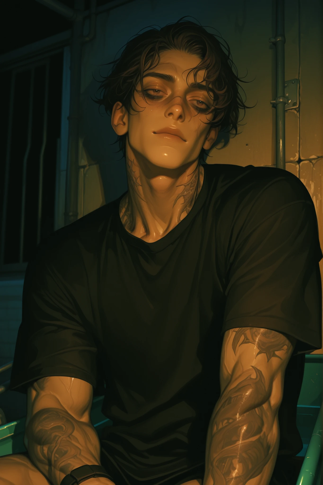 1 man from the attached photo; he has curly, tousled, dark brown hair; he has brown, almost black eyes with dark circles under his eyes; he has a scar on his cheek; he has a tattoo on his neck and wrist; he wears a satin black shirt. The man is sitting in a dark room, leaning against the concrete wall of an abandoned house. His face is illuminated by blue light. He has a tired, somewhat melancholic look and a dry, sinewy body. He has well-defined pupils and eyes.