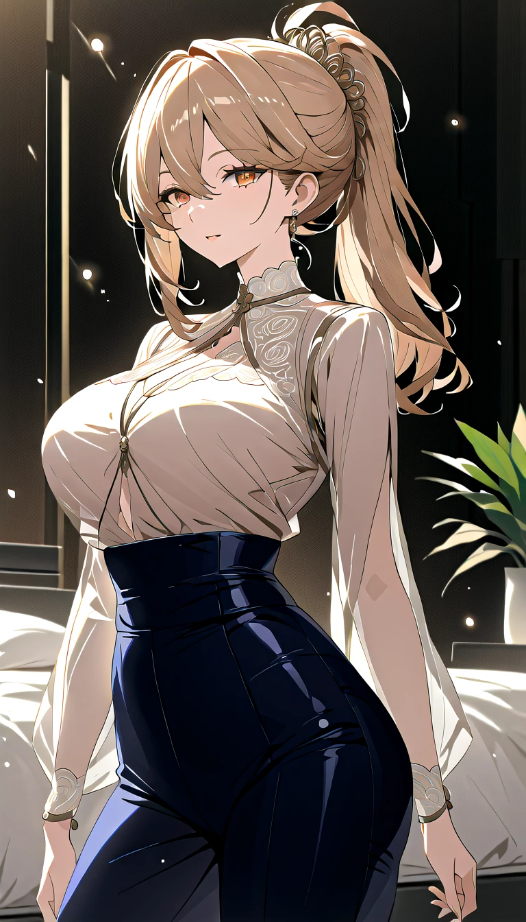 ((masterpiece)), (Highest quality、8K), (Simple style), Big Breasts, Swinging Big , Wearing a face stolen from someone else, No sleeve, Sleeveless, Off the shoulder, Black Dress, Pleated lace, Lace dress, 白タイツ. whole body, Luxurious Room, NSFW