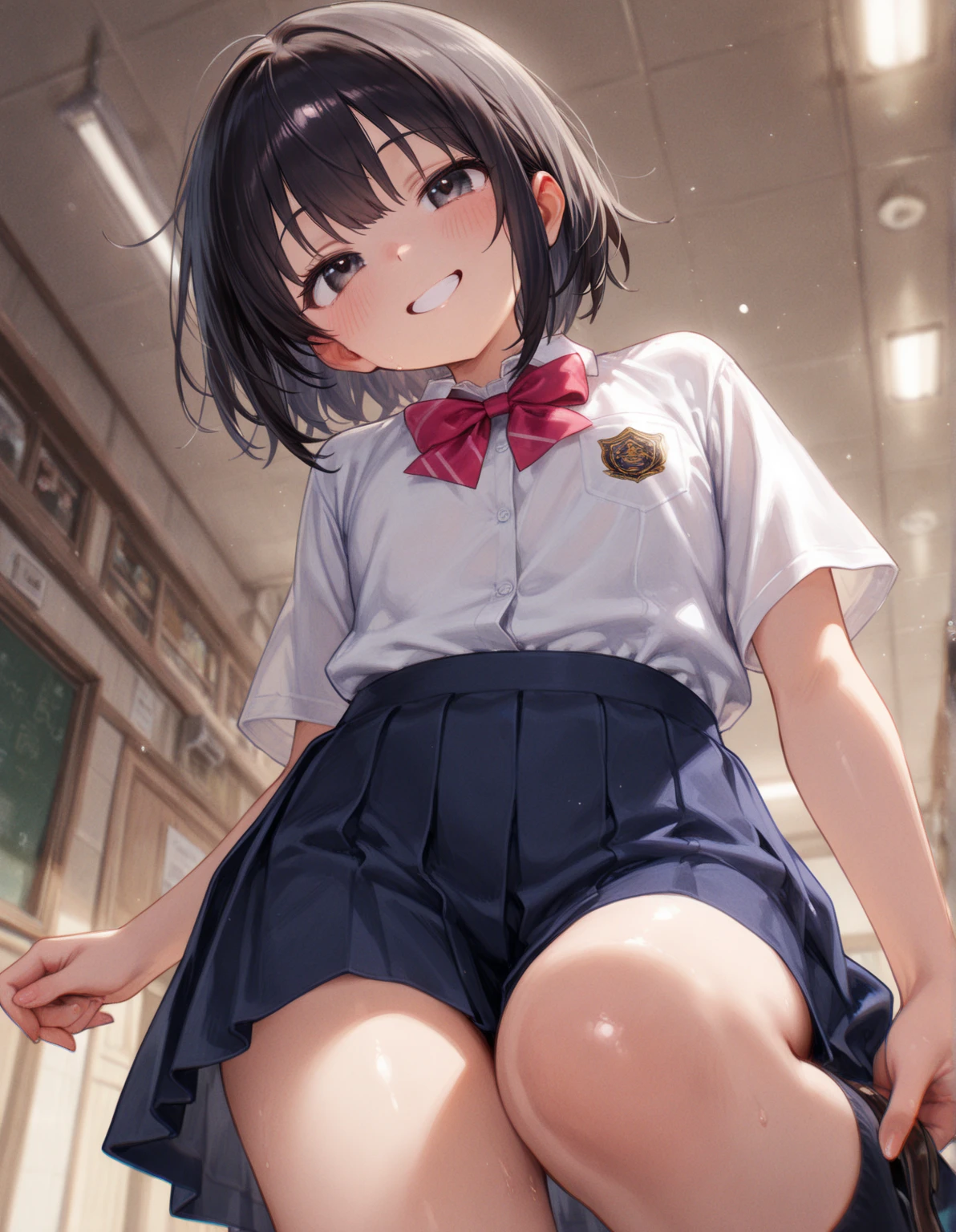 [GENERATED BY 7th anime XL-Pony A:100]
(score_9,score_8_up,score_7_up,score_6_up),masterpiece,best quality, source anime,

rating_explicit,
ukkripony,
1girl, squatting, knees to chest, knees together feet apart, hugging own legs, from below, white lace panties, (panty aside:1.5), (pussy:1.5), hand in pussy, female masturbation,

smile, blush, (half-closed eyes:1.2), grin, clenched teeth,
BREAK girl, 15 yo, (:1.3), (large breasts:1.1), (black hair:1.2), (medium hair:1), bob cut, (curly hair:0.9), blunt bangs,
pink eyes,(tareme:1.1),

BREAK (school uniform), (white collared shirt, plain pattern shirt, short sleeves, shirt tucked in:1), (red plain pattern narrow neck ribbon:1.1), (button gap:1),
BREAK (black and grey plaid pattern skirt:1), (pleated skirt, miniskirt:1.2), (white socks:1.2), loafers
BREAK classroom, window, indoors