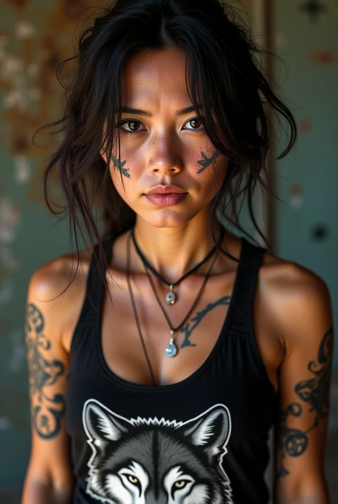 Portrait of a Dynamic Warrior on a Dark Beach:

"Create a realistic portrait of a young woman, around 2, with an intense, stern gaze and black, wind-swept hair. She is wearing a torn black sleeveless shirt and leather pants, with her skin adorned with detailed tattoos that depict symbols of strength and endurance. Her face has a few streaks of blood or makeup, adding a tough, imposing expression. In the background, there is a dark beach with roaring waves crashing against the shore, and the sky is gray and stormy, creating a sense of danger and tension. The texture of the image should be realistic, with emphasis on the details of the skin, hair, and environment."
