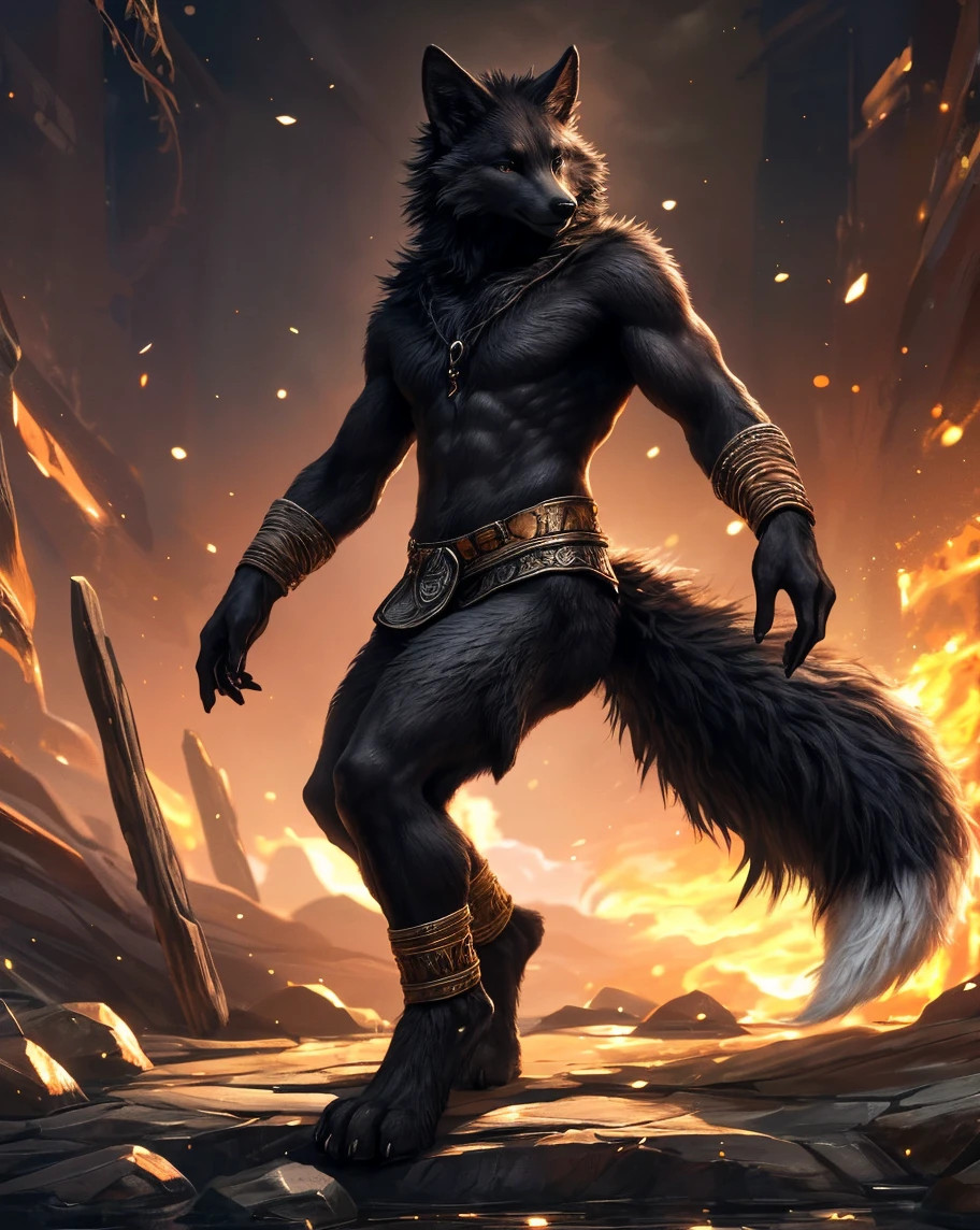 fenrir \(smale, solo, wolf, nude, glowing markings, yellow eyes, black body, fire, night, forest, front view, chain, gold chain, spiked collar, bottomwear, loincloth, full body
BREAK,
by bruteandbrawn, by personalami, by kenket, (intricate, high detail, film photography, soft focus, RAW candid cinema, open mouth, angry,
photorealism, realistic, photorealistic, analog style, subsurface scattering,
masterpiece, best quality, ultra realistic, 8k)