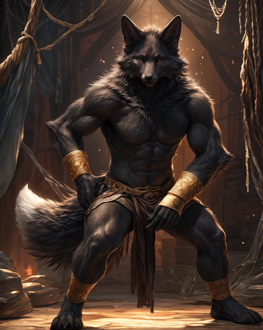 (by Bonfire Demon:0.8), (by wfa:1), (incredibly detailed and intricate:1.4), masterpiece, photorealistic, 4k, 8k, ultra detailed, high quality, werewolf, (dark grey fur:1.2), (black mane:1.5), (detailed fur texture:1.5), digitigrade, correct anatomy correct proportions, (athletic body: 0.8), (black fur happy trail:1.4), (furry chest:0.8), (wolf claws), (wolf fangs and teeth), outside of a castle on midnight with full moon, using a loincloth, (detailed bulge:1.2)