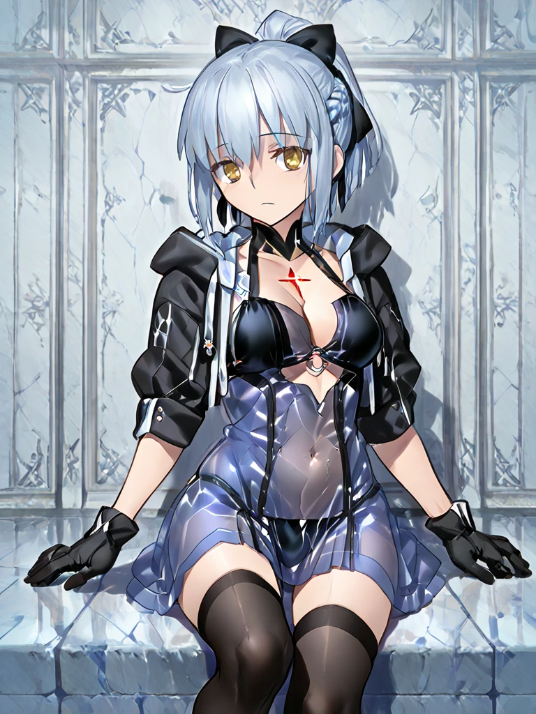 Anime HD style:With a stir of adventure in her eyes, a goddess emerges, possessing short, dark blue hair adorned with shimmering chains. Tall and confident, she gracefully dons a blue sweater underneath an open coat. The thin chains around her head reflect the light, playing off her meticulously styled hair. The sweater, though humble in design, molds perfectly to her sculpted figure, while the coat adds an allure of mystery and power to her presence. Realistic CGI brings the scene to life, meticulously capturing every intricate detail, from the strands of her hair to the intricate patterns on her coat.