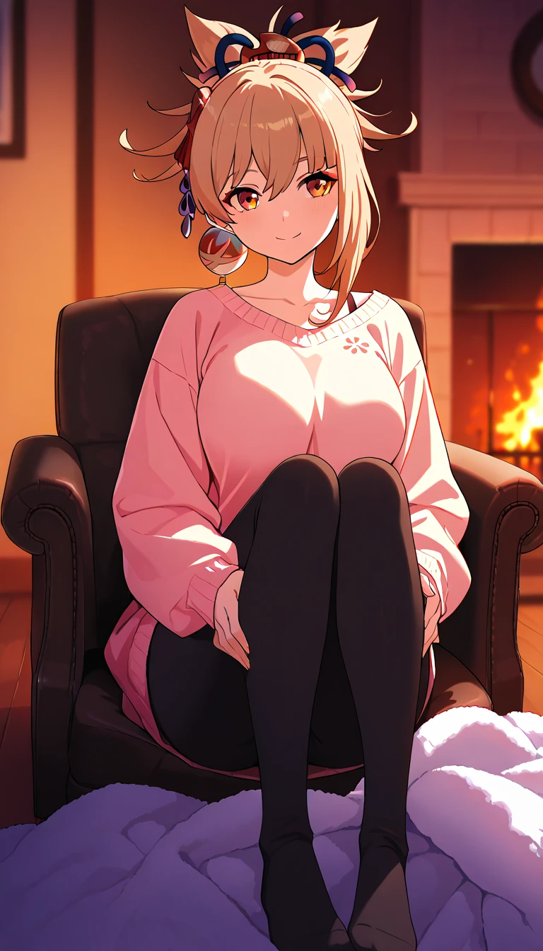 VividAnime, 1girl, lips, solo, happy, closed mouth, plump, short hair, sweater, couch, fireplace, <lora:VividAnimeV1.6:1>