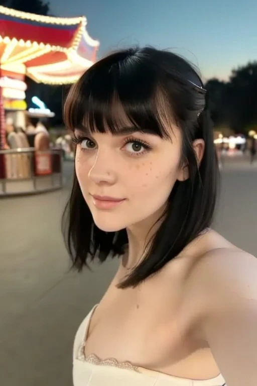 4k, high-res, masterpiece, best quality, head:1.3, finely detailed skin, sharp focus, (cinematic lighting), (raven black hair), <lora:al3n4cr0ft:1>, adorable smile, soft lighting, dynamic angle, [:(detailed face:1.2):0.2], stunning dress, slender, medium breasts, cleavage, full body, downtown at night, bokeh