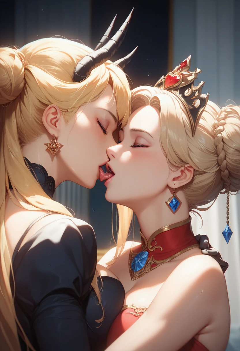 ((Highest quality)), ((masterpiece)), (detailed), （Perfect Face）、The woman is kissing and having sex with the majestic, powerful, and deformed demon king.、The woman is a dark queen with a black inverted crescent moon mark on her forehead, wearing a gorgeous, glittering black Gothic Victorian dress, a black veil, and a black see-through cape, as well as luxurious jeweled accessories.、The man is a majestic, evil, and powerful demon king.、The Demon King of the Black Moon and the Dark Queen of the Black Moon having sex and making love、The woman is Black Serenity, the noble dark queen of the Black Moon clan and has blonde hair.２The woman with long hair tied up is Princess Serenity、A woman is kissing, embracing and having sex with a strong and evil demon king man.、The man is a strong and evil demon king who embraces the woman, kisses her, and has sex with her.
