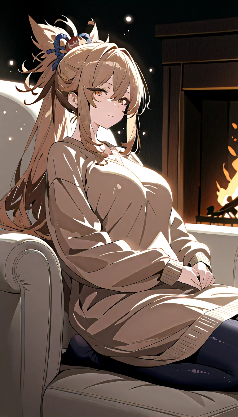 hires detailed, Warm and relaxed, a living room with a fireplace, night, low angle, reading a book, medium build, auburn-haired girl, fair skin, medium breasts, green eyes, wavy hair down, oversized sweater and leggings, peaceful, warm lighting., [[[detailed hand]]], [[[detailed foot]]], [[[pose]]]