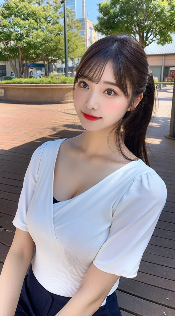 Tabletop, Highest quality, Super detailed, In detail, High resolution, 8k wallpaper,Japanese、 Perfect dynamic composition, Beautiful attention to detail, Autumn fashion for women,ponytail,Big ample breasts、Natural color lip, Bold sexy pose,smile,Harajuku、20-year-old girl、cute、sexy shot looking at camera