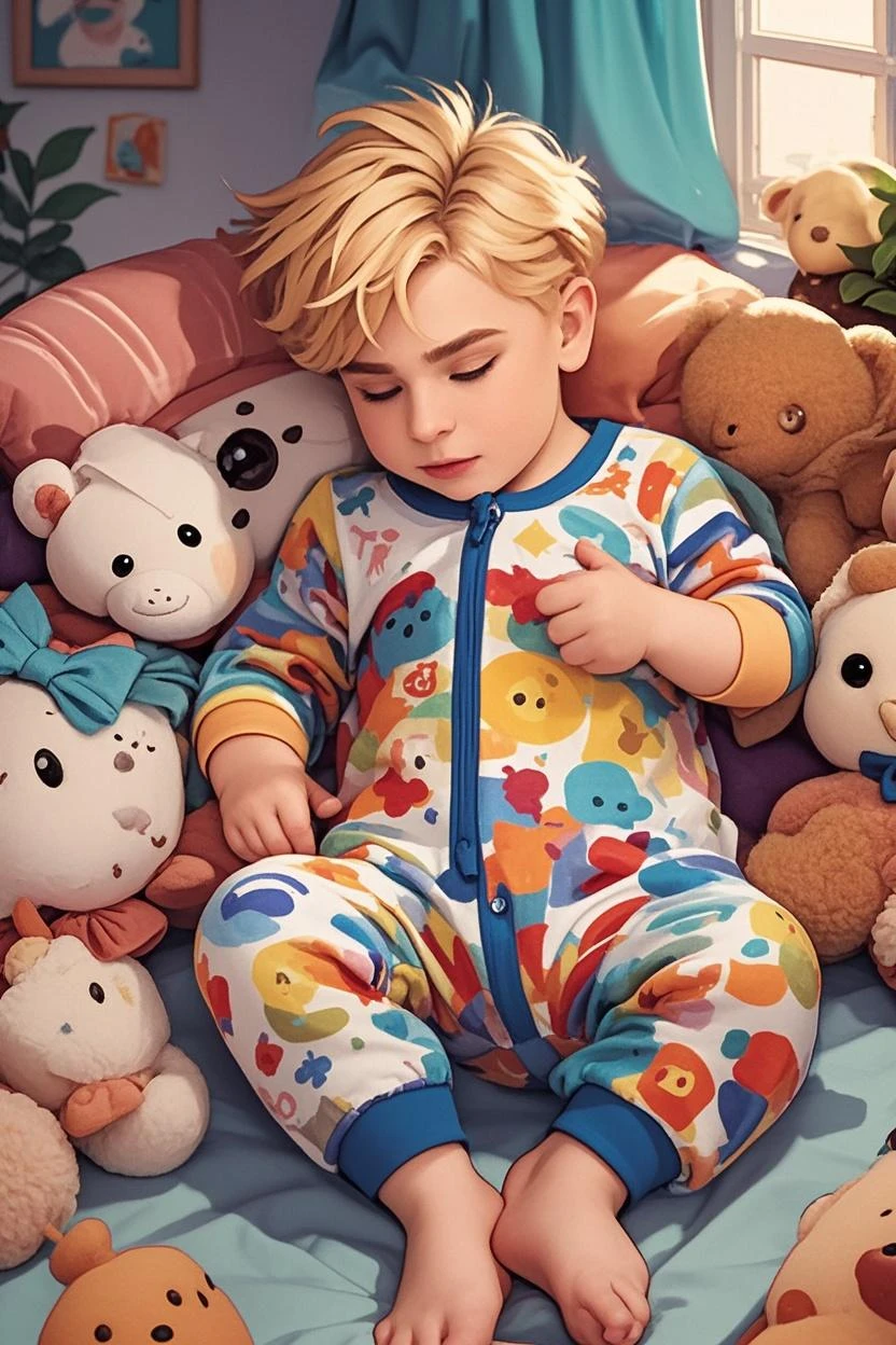 simple art of a sleeping toddler boy with short wavy blonde hair wearing a hoodie, holding a stuffed animal. dreamlike, stars, swirls, galaxy, minimalistic, ???,<lora:COOLKIDS_MERGE_V2.5:0.8>,