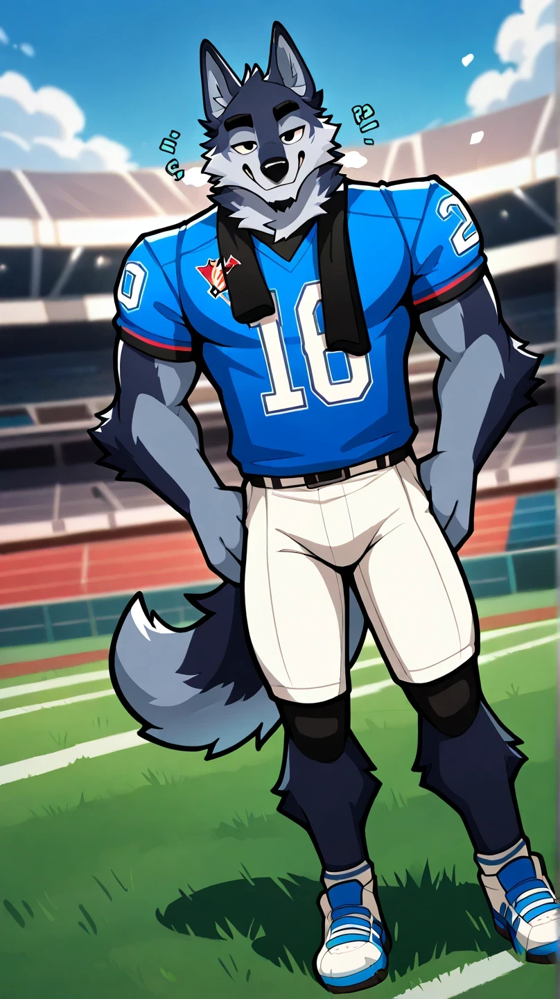 depth of field, background American football field, eye Reflections, Reflections, dutch angle, anthropomorphic, adult, male wolf furry, hairy, no human, lobo tail, sound effect , seductive expression, seductive gaze, sound effect , Lines of Motion, by gr3yyy , By Greyy Arte , black eyes, Masterpiece, best quality, calidad increíble, very aesthetic, absurd, NEW , eyes focus, 1 , hairy, lobo , Alone , eyes, lobo, animal ears, Lycra tights color blue, blue football jersey, of 19 around neck, of 19, wolf boy , wolf ears, full body, lobo' wears American football uniform, in a stadium, hands , wolf tail, watching the spectator, , Forehead position, Alone, lobo ears, white sports sneakers, American football furry, Two-legged front pose
