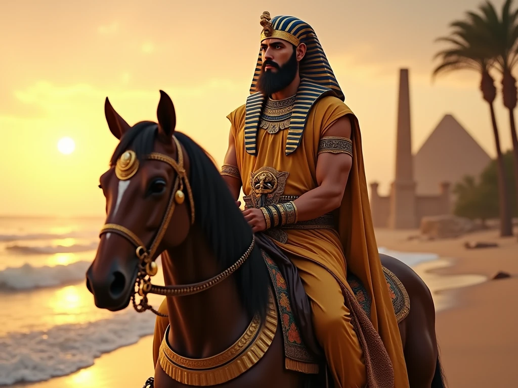 an Egyptian sultan pharaoh with a golden and gems staff in one hand, sitting on a hourse, walking in the desert, background Egyptian old style necklaces.[wealth, fortune, extremely realistic, 8k, detailed], size 400;300 pixels --auto --s2
