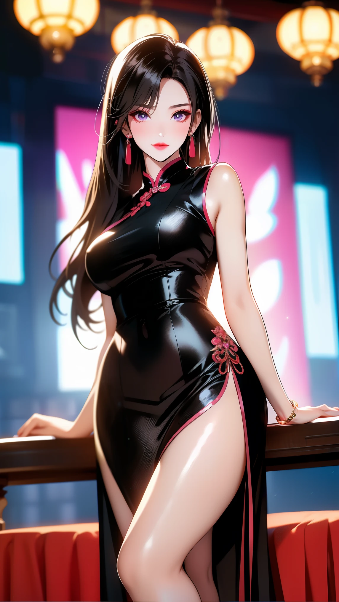 score_9,score_8_above,score_7_above,8k,High Definition,blush,Red background,1 girl,Alone,cowboy shot,black fur,High ponytail,very long hair,open legs,,ruanyi0608,bare shoulders,black pantyhose,black and sexy chinese dress,neckline,side slit,
With katanas on his back, sexy