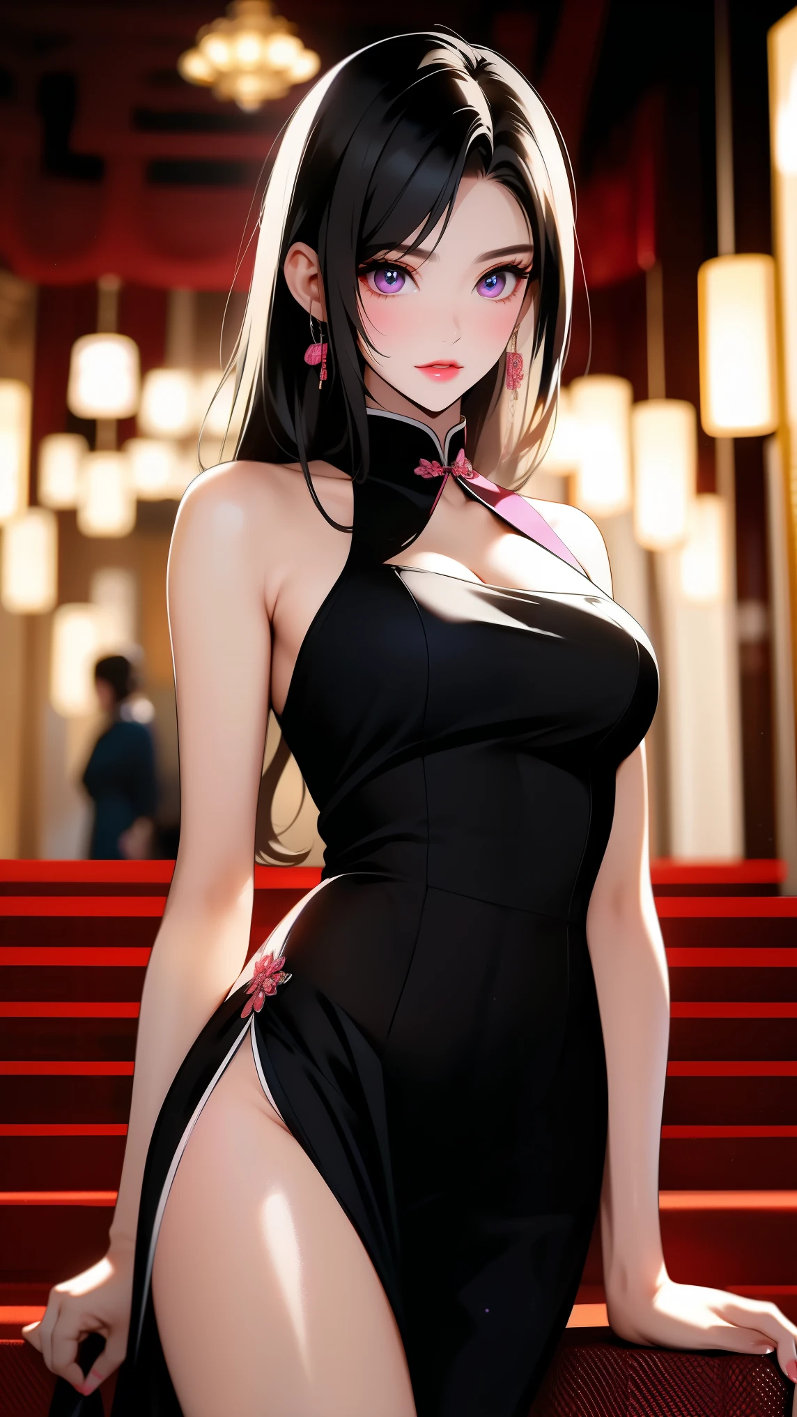 masterpiece,
1girl, cheongsam,sideboob,side slit,black dress,
<lora:084:0.75>