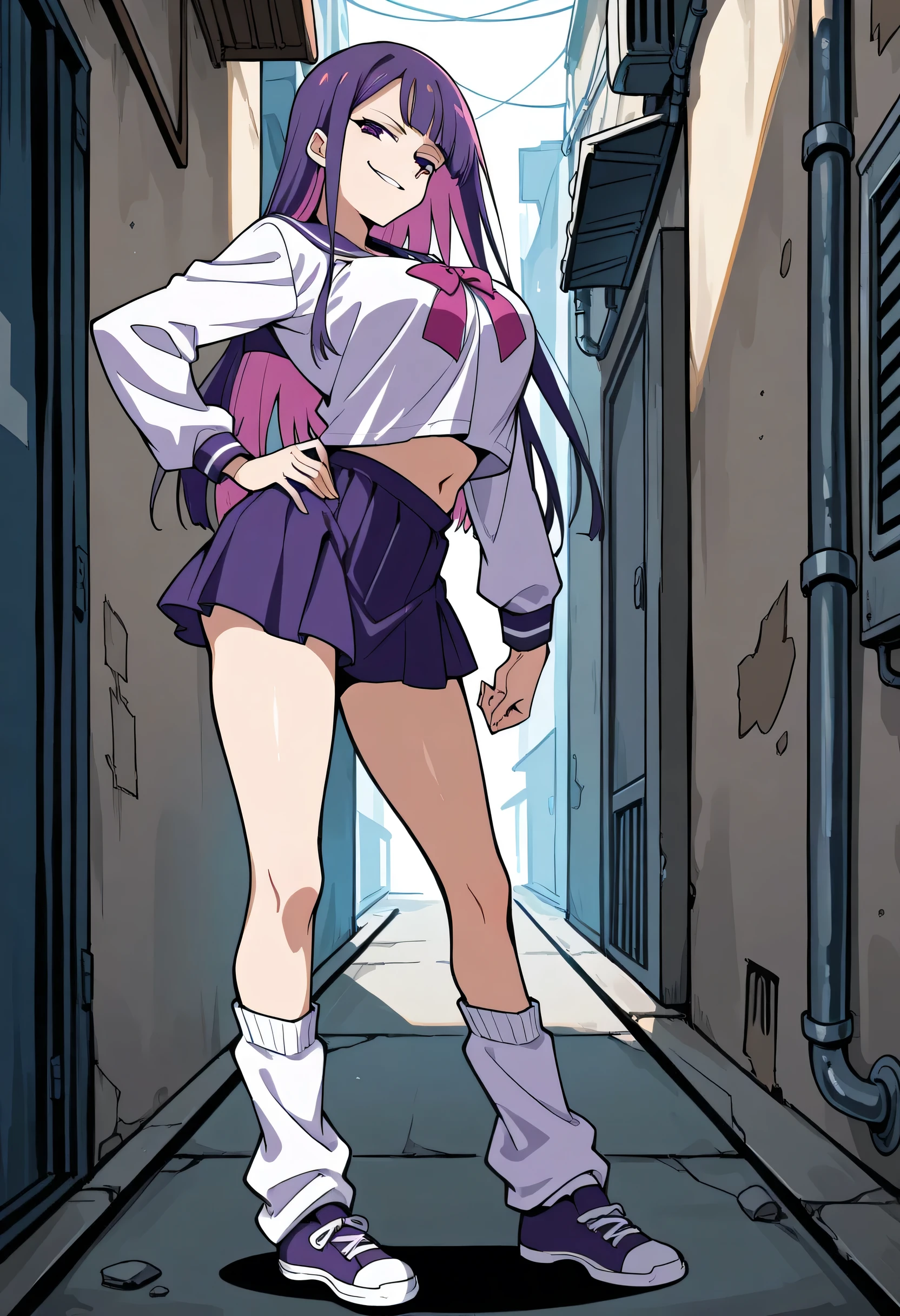 score_9, score_8_up, score_7_up, 1girl, mature, solo, smirk, long hair, bangs , straight hair, purple hair , pink highlights inner , purple eyes, purple sailor school uniform, navel , short skirt, long legs , big breast , arched back , hand on hip , loose socks, casual stance , shoes , alley background , 
 v3r1d1an,