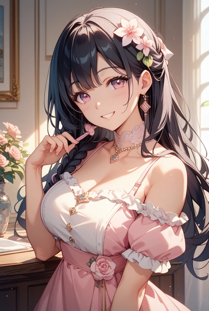 Sexy and cute woman, woman in love, black hair braided, very seductive and soft eyes, blushing hard, pink lips parted, seductive smile, long neck, collarbone, medium chest, cleavage, off shoulder t shirt, no straps, bare shoulders