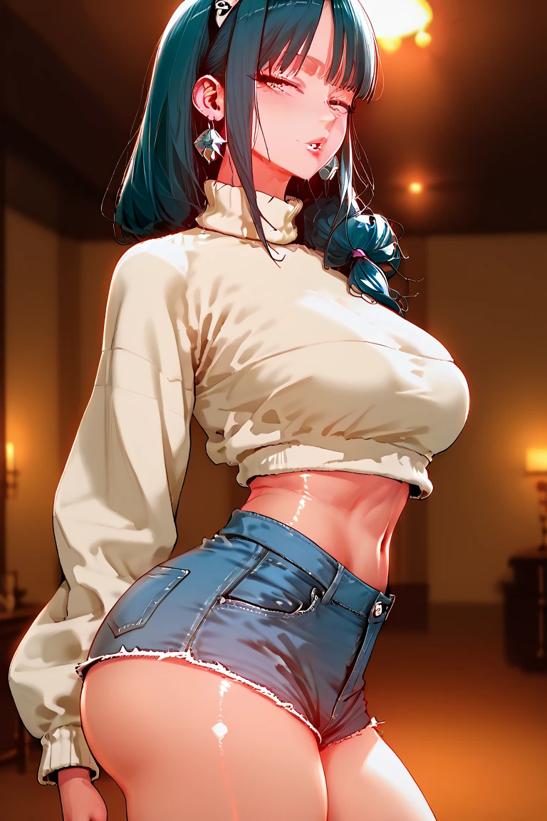 aaoriana, long hair, large breasts, black hair, long hair, blush, lipstick, jewelry, earrings, Hot girl, baddie, mean girl, sensual, attractive, masterpiece,high quality,4k, bare shoulder,belly,crop top,holding pistol,cleavage,casual dress, bar background, inside bar, indoor,smile, open mouth, (nsfw) not safe for work, evil expression, exposed belly, exposed navel, exposed midriff, exposed lower belly, crop top overhang, underboob,jacket, unbuttoned jeans , low rise black jeans, Low rise jeans, Low rise jeans with open fly, navel piercing