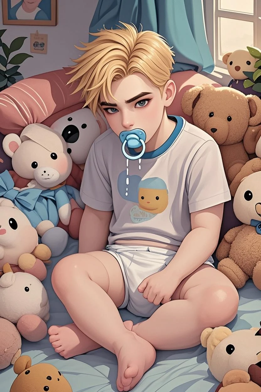 A teenage boy with white hair in a large nursery, holding a baby pacifier, playing with baby toys, wearing baby clothes, drooling, wearing a diaper, sleeping in a crib, holding a stuffed animal, high quality, extremely detailed, highly detailed, masterpiece, soft lighting, warm colors, pastel colors, adorable, cute,
