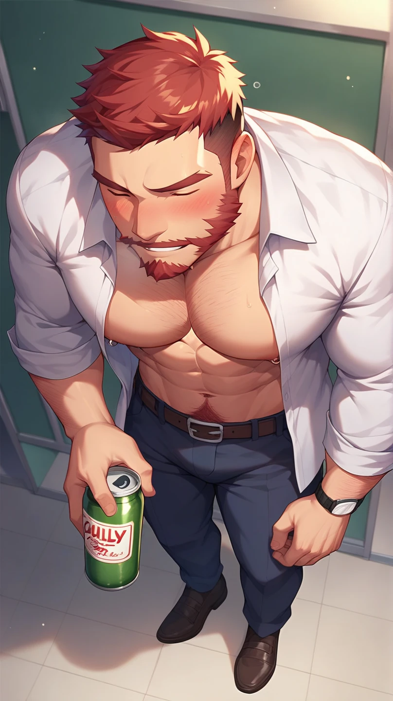 ((best quality)), ((masterpiece)), (detailed), A hot muscular men walking an a store without shirt, he has red hair and red beard, big chest and hairy, slim muscular body, beautiful face, ultra hd, 8k