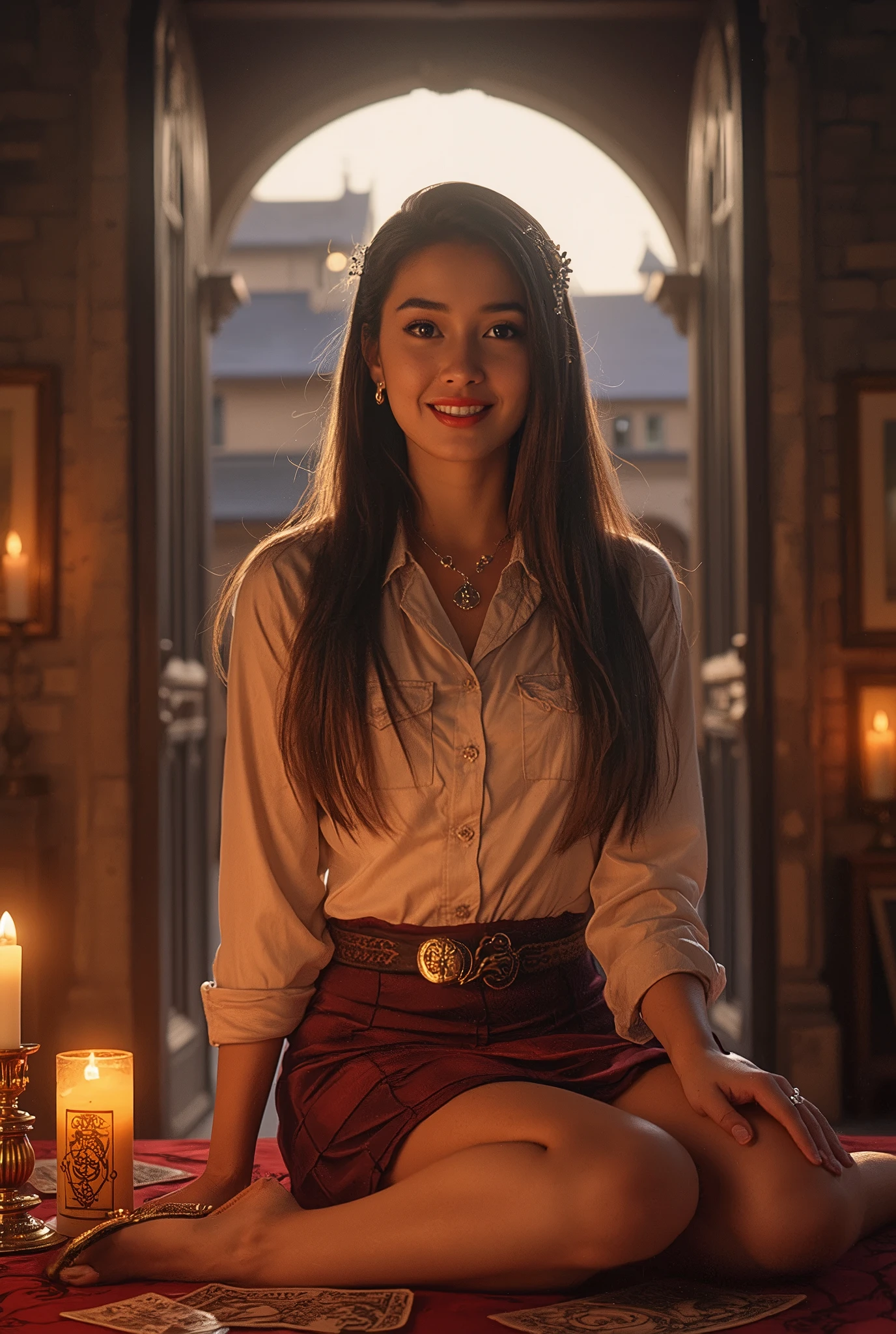 最High Quality, masterpiece, nothing, Female 1, 5, Japanese, Western-style fortune teller costume , Hair Ornament, necklace, jewelry, beautiful face above the castle gate, gentle smile, and _body, tyndall phenomenon, photorealistic, Divination Room, candles on the table, tarot card with mana, rim lighting, Tight buttoned shirt 、miniskirt、two-tone lighting wearing high heels, (high resolutionの肌:1.2), 8K Ultra HD, dslr, Soft Lighting, High Quality, volume lighting, , pictures, high resolution, 4K, 8k, Bokeh