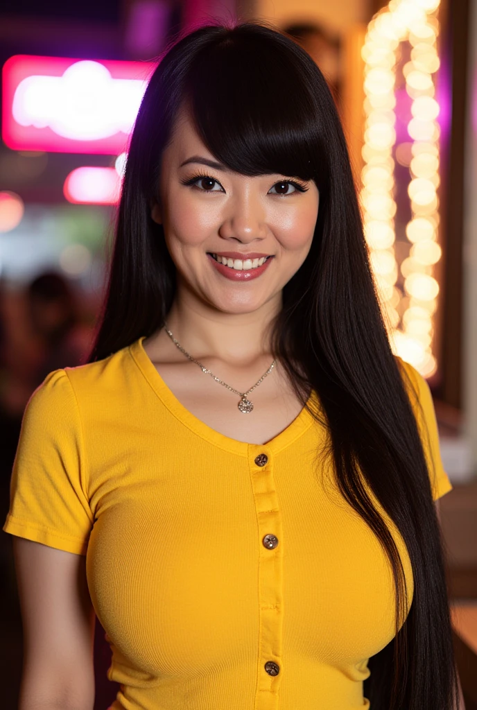 Brenda Song model posing for selfie in busy restaurant, wearing pink open shirt exposing massive cleavage and fit body, perfect smile, wearing heavy eye liner, wet black hair