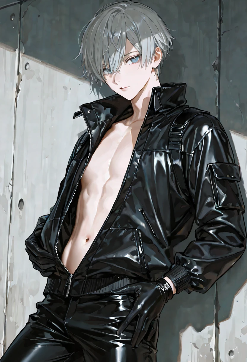cheeky handsome boy Silver Hair Piercings in both ears, illustration style Slender figure naughty smile
