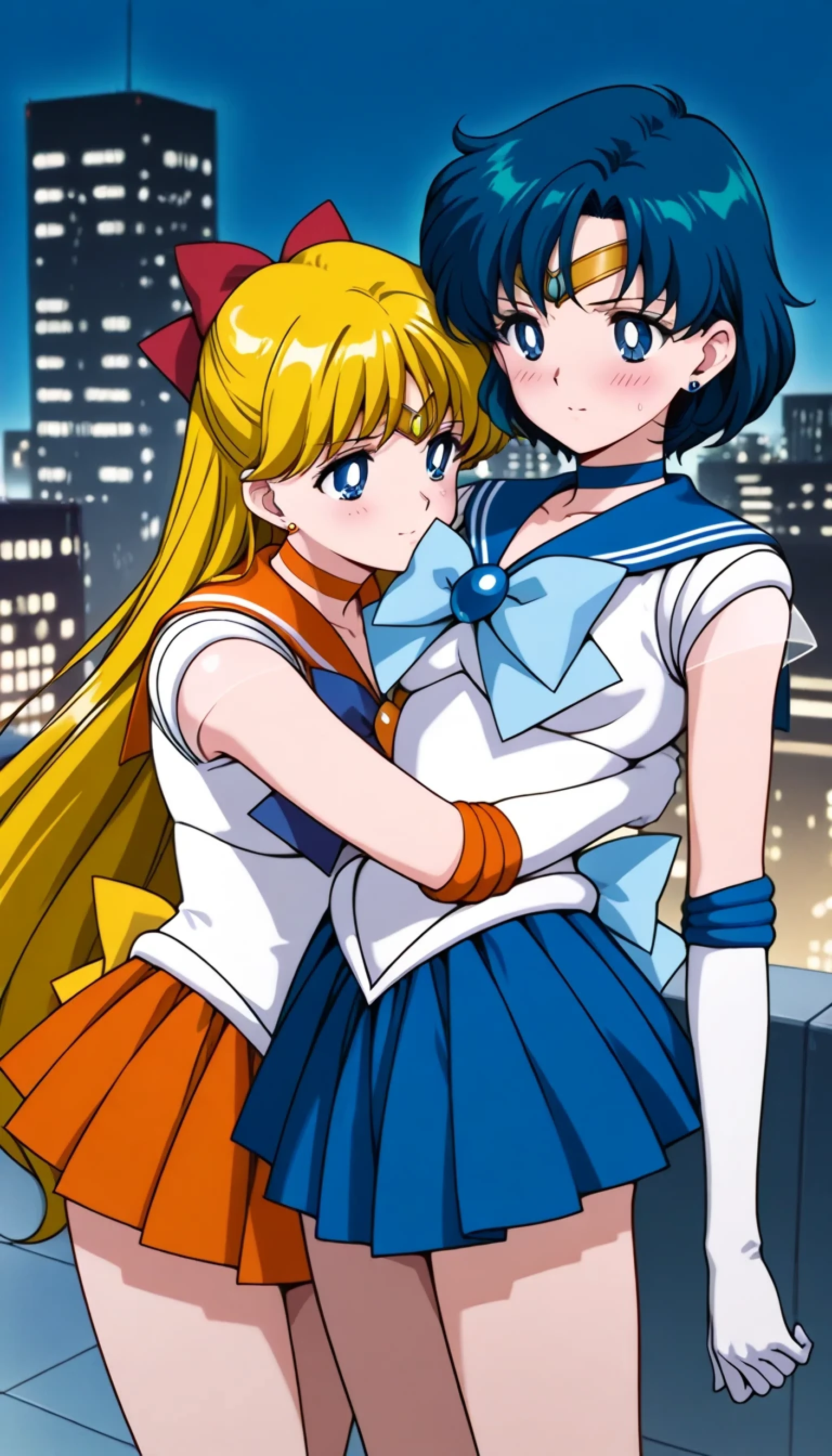Score_9, Score_8_climb , Score_7_climb , Score_6_climb , Score_5_climb , Score_4_climb, Masterpiece, Detailed Model, Exquisite Piece, precise, 2 girls, Source Anime, Sailor Venus And Sailor Mercury, (Sailor Venus, long hair, Yellow hair, blue eyes, medium breasts), (Sailor Mercury, Short hair, blue hair, Blue Eyes, medium breasts), blush, Standing and hugging each other, On the roof of a high-rise building, close-up