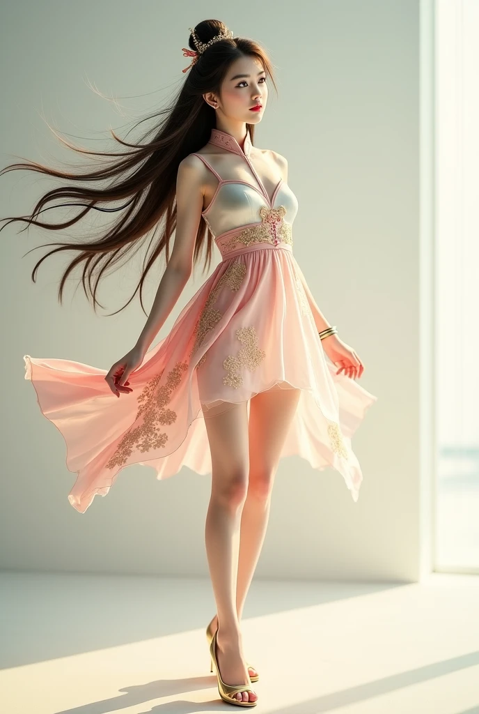 (8K, RAW photo:1.2),1 girl,(Long hair:1.31),Earrings, Hair rings, necklace, Cinematic lighting, Best quality, 超高分辨率, (Photorealistic:1.3), angle of view ,(Solo:1.1), (view the viewer:1.331),(parted lip:1.1), (eyeslashes:1.1), (Happy:1.21), (Depth of field:1.1), Lens flare, (color difference:1.1), (Caustics:1.1), (scattered luminous petals:1.331), ulzang-6500-v1.1,(((Dreamy asymmetrical dress))),(((full body))),((High heels))