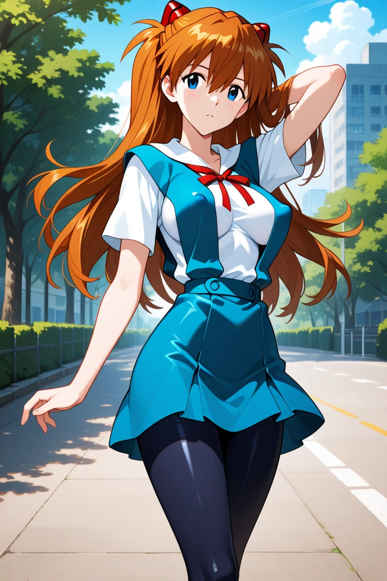 (masterpiece, best quality:1.2), (tsurime:1.2),
(face focus, face close-up, close-up face:1.2), tsurime, 1girl, souryuu asuka langley, solo, blue eyes, school uniform, looking at viewer, long hair, looking back, tokyo-3 middle school uniform, orange hair, white shirt, from behind, shirt, short sleeves, closed mouth, bangs, two side up, stairs, feet out of frame, white socks, suspender skirt, blue skirt, blue dress, outdoors, dress, hair ornament,