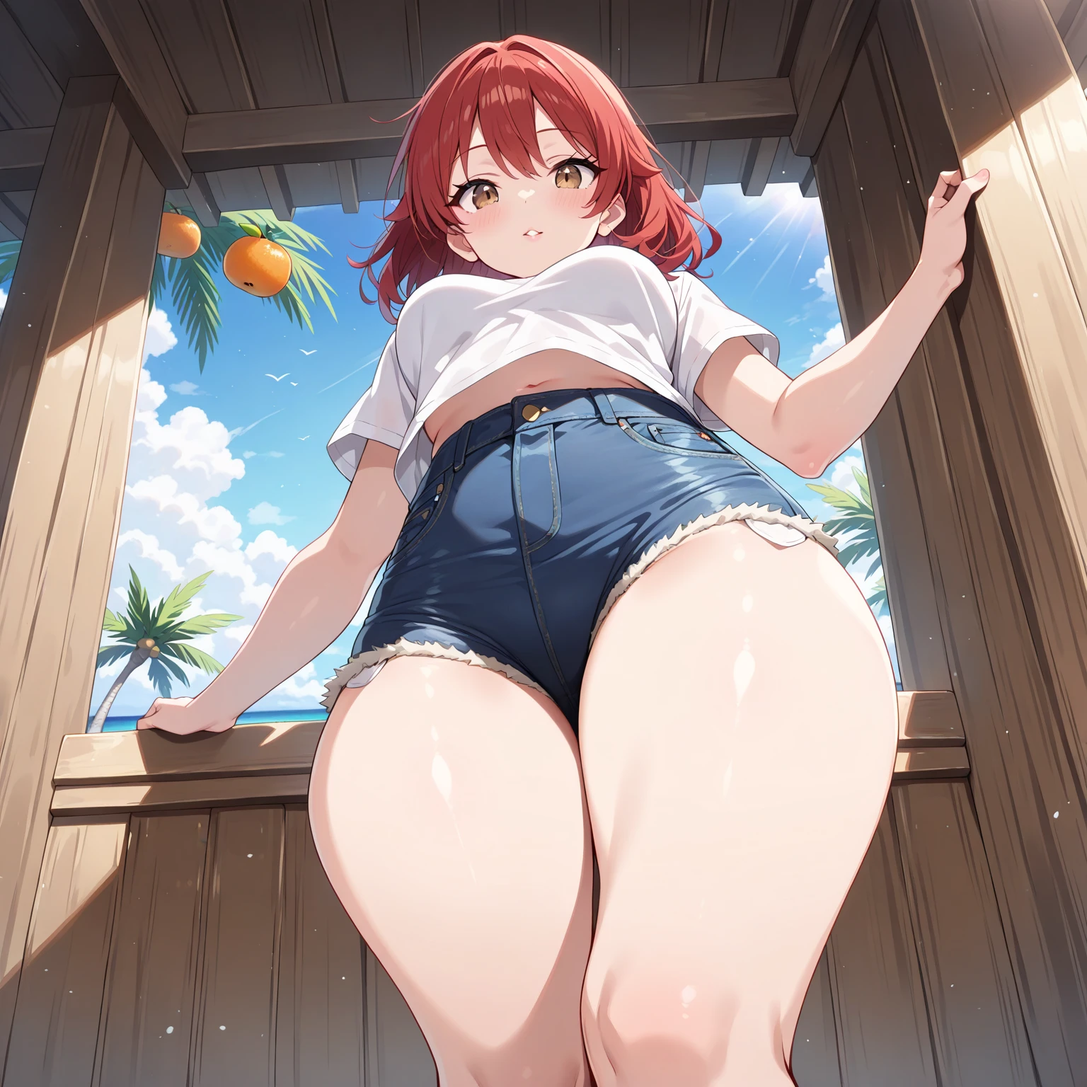 Masterpiece, Best Quality, Extraordinarily beautiful and gentle, Extremely detailed, intricate detials, Vivid colors, Colorful, (Schoolgirl girl), (gal), Short hair, (red hair), shiny tanned skin, huge long breasts, bbw, chubby tummy, Curvy, Thick, lip, Perdith, belch, nsfw, ecchi