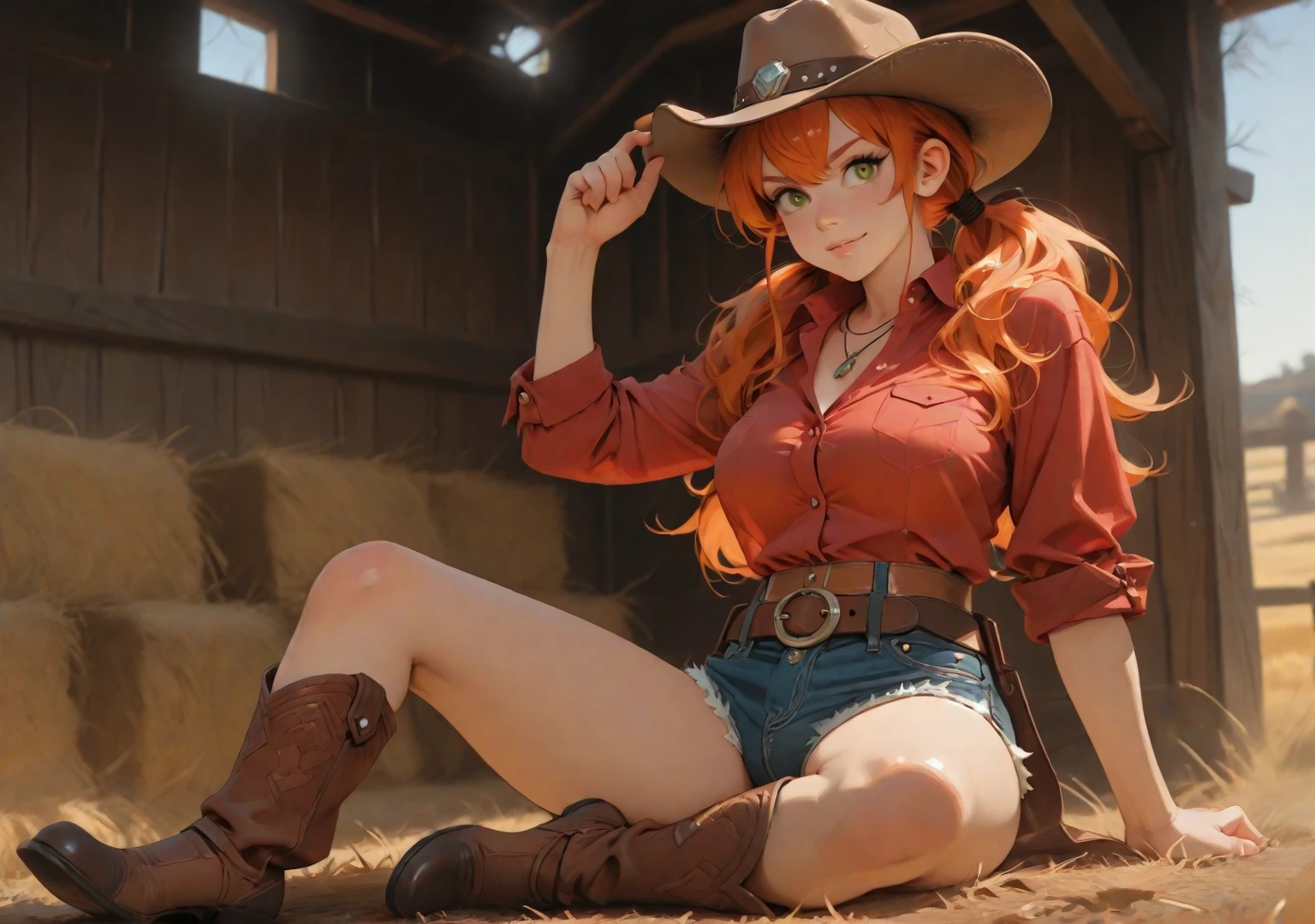 sunsethuman, medium breasts, two tones of hair, red and yellow hair, smiling, wearing a cowboy hat, short yellow sundress, cleavage, inner thigh, perfect legs, cowboy boots, sitting on a bench, spread legs, white panties