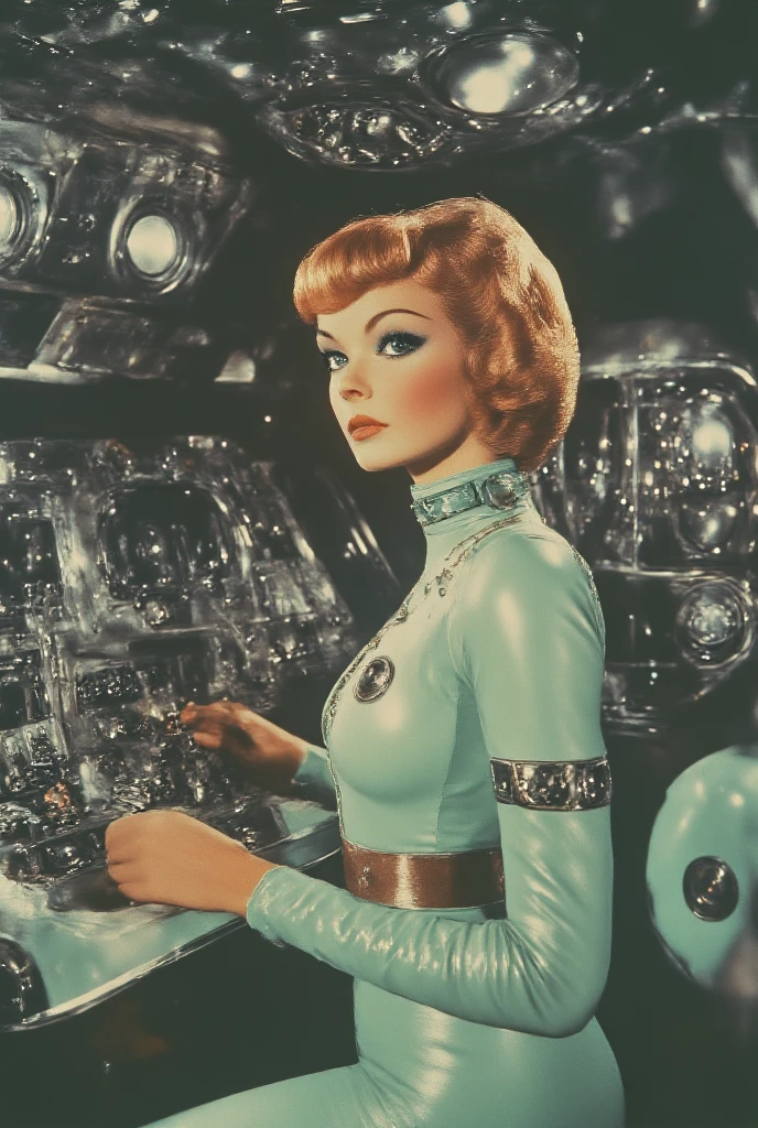 campy analog film still from a 1960s soviet sci-fi movie,  greek female clockwork android as a cyborg with positronic head, clockwork harness, (sfw:1.2), eclectic biodome interior, alien ruins in the background, on tiptoes, intense stare, fashion pose, space glam chic, kitsch,cinematic,wacky,glitter,retro, sharp focus, wide angle lens, scenic