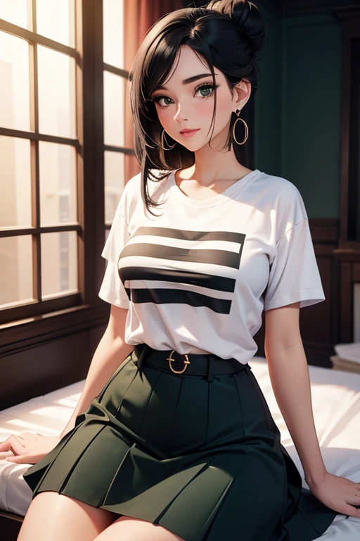 Amazing portrait of a sexy and woman with a beautiful face with seductive eyes gazing intensely at me with her soft lips parted in anticipation of a kiss which is making her blush intensely her lips are also curved in a soft smile she has her luscious black hair in a cute bun wearing a black and white striped t shirt and a dark green skirt paired with some elegant earrings her t shirt showing her medium chest and perfect body off