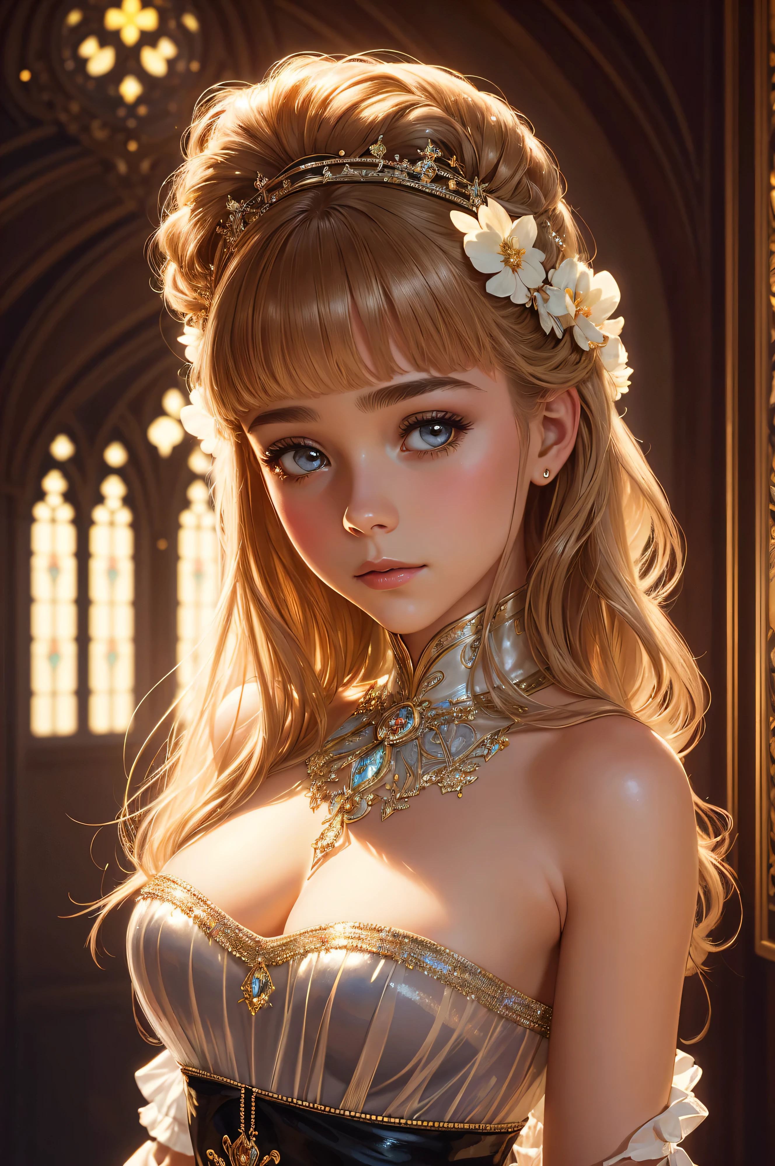 Highly detailed portrait of a goddess girl, In an autumn dress, (((busty))) Watching the sunrise, symmetrical face, symmetrical eyes, looks at the camera, Stunning photography, Photorealistic, soft pastels, very detailed, difficult, path tracing, illustration, insanely detailed, Overlay shadows, volumetric light, mirror lighting