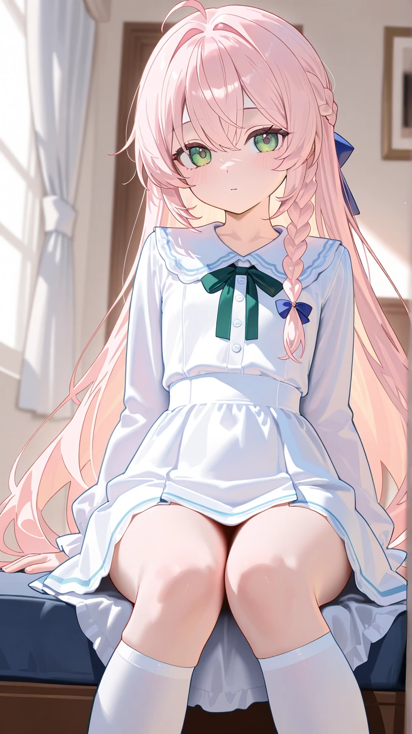 beautiful illustration、top-quality、Cute s、bedroom、A pink-haired、happiness、a miniskirt、White blouses、Two-side-up、lovely thighs、glowing thigh、blue eyess、big breasts、Flipping up the skirt with your hands、Show white panties、Pull up your skirt and show your panties