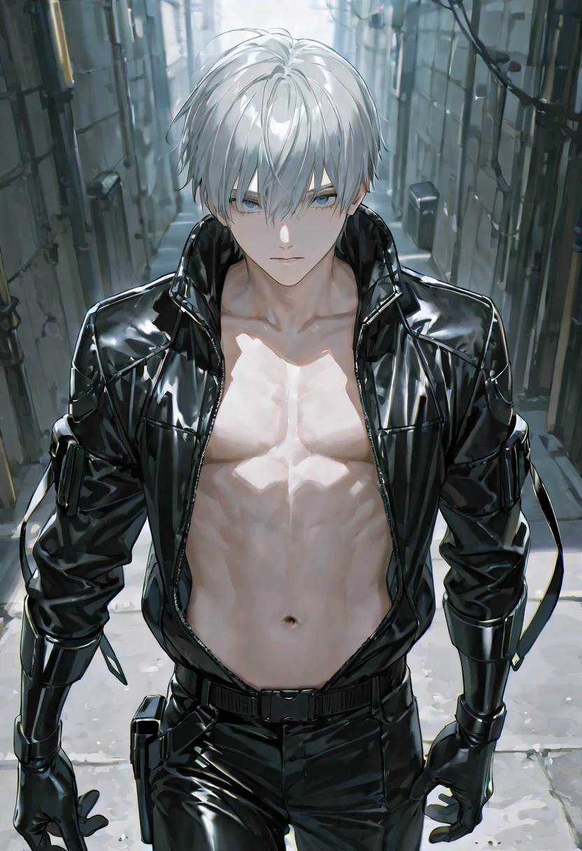 A man in his 20s emerged from a raging flame, Naked upper body with dark red lines, Hands on sides of the body and long knives, The tip of the knife points to the ground, messy hair, hair strand, hair over one eye, silver hair, mismatched pupils, glaring, bloodshot eyes, serious, turn pale, expressionless, cinematic lighting, optical illusion, first-person view, f/2.8, UHD, textured skin, high details, highres, best quality, high quality