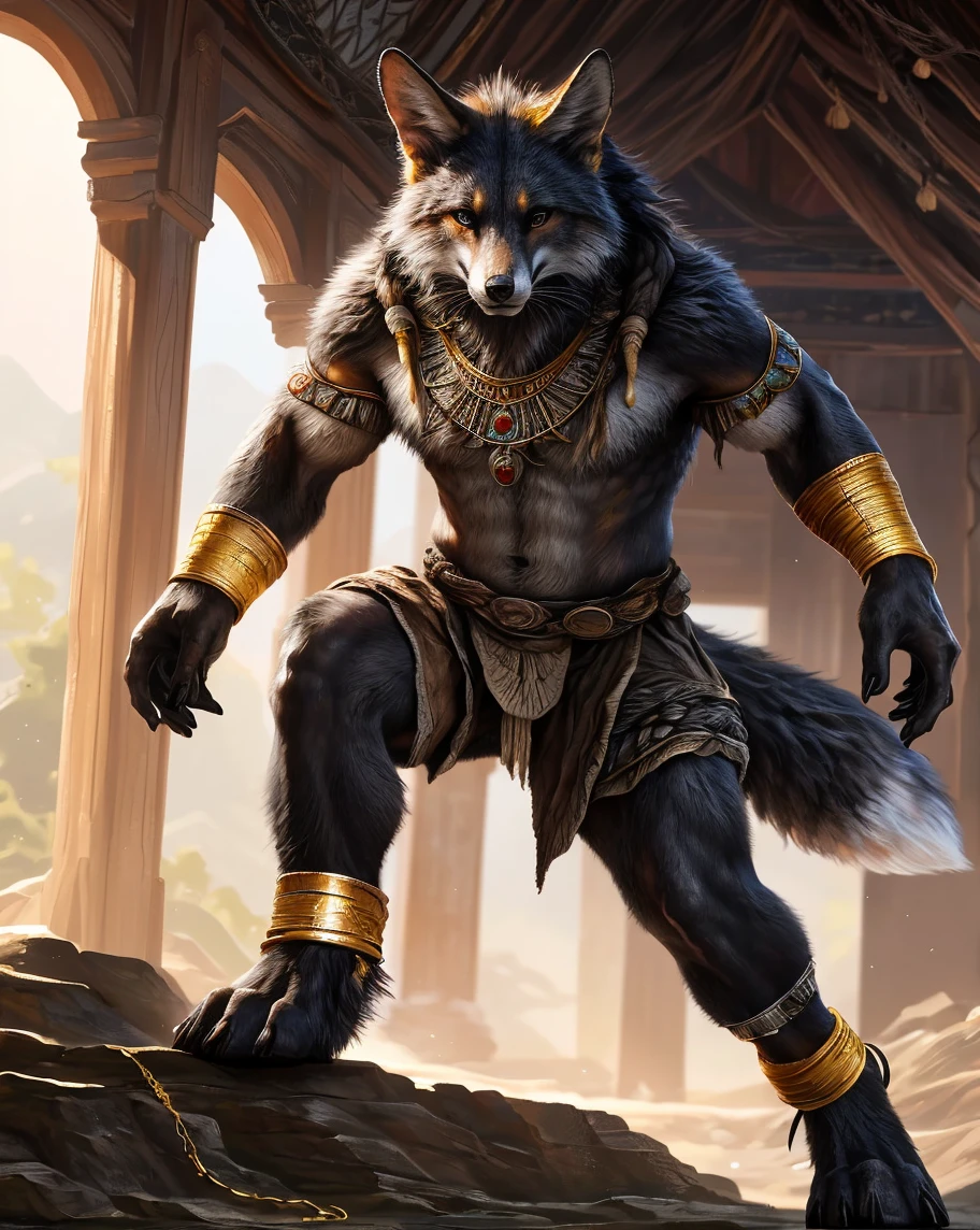 wolf o’donnell, solo, (soft shading), 4k, hi res, detailed face, detailed eyes, detailed, (full body), by zackarry911, by zaush, (by personalami:0.5), (topless), armor, (green eyes), muscular, sitting, night, campfire, camp,