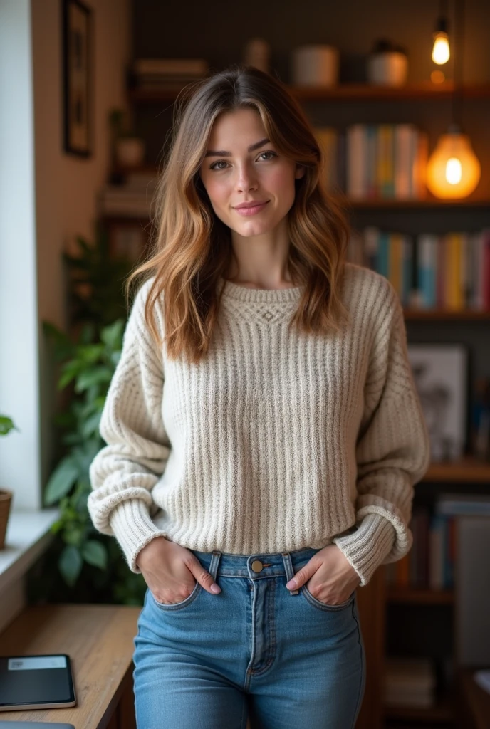 Young woman wearing sweater and sitting on a chair, in the style of light indigo and light amber, Tomàs Barceló, 32k uhd, fine feather details, shiny/ glossy, petcore, grandparentcore