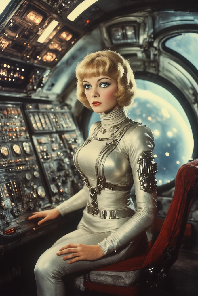 jane fonda'barbarella, cowboy shot, Pilot a spaceship in a bikini, Interior of an old art deco stylish spaceship. You can see the universe from the window.、