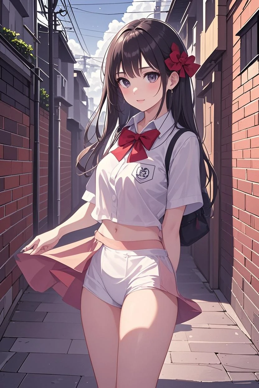 yukimi, 10., long hair, dull bangs, flat chest, No expression, shy, whole body, highest quality, (randoseru backpack:1.4), garden、In underwear、angle from below、kneel down、(small area white panties:1.4)、(masturbation:1.4)、(put your hand inside your pants:1.4)、Striped pattern、embarrassing、Transparent、