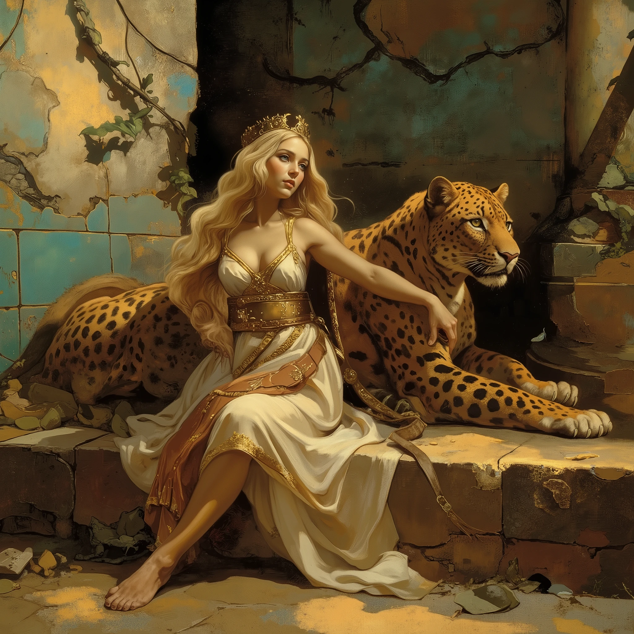 a highly detailed classical oil painting, a serene woman with long wavy hair adorned with a golden tiara, wearing a flowing white Grecian-style dress with golden accents and a wide leather belt, sitting on a weathered stone step, accompanied by a majestic leopard with a detailed spotted coat lying calmly beside her, background with an ancient stone column with vines creeping up, a wall of aged turquoise-blue tiles, soft golden-hour lighting casting gentle shadows, warm color palette of golds and beiges contrasting with cool blue tones, realistic Renaissance-inspired style, hyper-detailed textures, dramatic lighting, cinematic composition