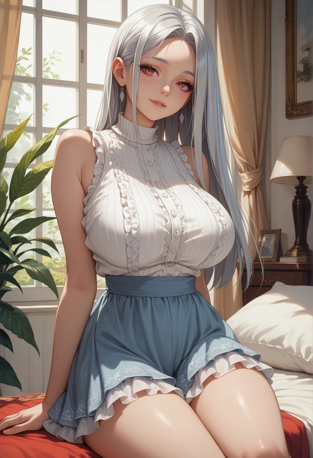 Character Details:, - Gender: 1 Girl. - Style: Anime, - Body Type: Attractive body, nice body, nice legs, slim tights, nice arms, nice shoulders. - Breast: (Breast:1.4)- Facial Feature: Beautiful, Gorgeous, Teenager, Fresh, Young. - Expression: Small smile, shy Look, (blue and pink eyes). - Hairstyle: Blunt Bangs. - Hair Color: (White Grey Hair:1.5), (Straight and Wavy Long Hair:1.3), - Clothing: (Cute Girly Shirt and Skirt, Open Sleeves, Can see shoulder:1.6, Laced Stocking.). - Body Pose: (Sitting on bed:1.3), (Hands down).. - Behaviour: Waiting, Want Something, Secretly. - Accessories: Earrings, thin Black Headband, Green Hair Accessories, Environmental Details:, - Setting: Bed Room., - Lighting: Natural Light., - Decoration: Modern Bed, Chair, Window, White Curtain, City View. Top view. pov, anime style, UHD, retina, masterpiece, accurate, anatomically correct, textured skin. One Hand on cheek, one hand down.