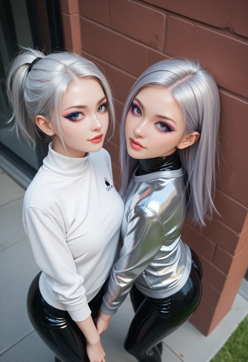1 girl named Sarah with long blonde gray hair, dyed loose hair, Long hairstyle, perfect detailed face, Detailed symmetrical green eyes with a round iris, Beautiful, Walking and posing, Look at the observer, 19-year-old girl, looks like Madison Beer, extremely detailed face, Model, Realistic, Real life, perfect photorealistic picture, Realistic, , hourglass figure, Stunning realistic photography, Detailed fingers, detailed realistic face, Soft fingers, real human nails, Extremely attractive girl, perfect detailed tan, small eyes, perfectly detailed face with realistic complexion and finely porous skin, small nose, Model, Perfect posture, Natural limbs, long legs, detailed symmetrical eyeballs, symmetric eyes, Realistic eyeballs, Realistic detailed eyes, cute plump closed lips, makeup, no long neck, no long waist, Perfect proportional body, seductive gaze, Looking in the direction of the viewer, Fascinating facial features, ah high, two arms, Two legs, one head, tiny breasts, realistic natural bodies, realistic shadows, Mystical insight, 8K, UHD, ((body facing the viewer, pointing at the camera)), "wide-angle", Full-body shot, full pose, photo studio white background, tempt a little, Cinematic world, Cover photo in the center of Hipereallistic, Stunning full-color, Cinematic, neoprene, behance contest winner, portraite of a, presented at UnsplasH, stylized digital art, Smooth, extra high resolution, Wearing an oversized white T-shirt and black Acronym J36-S sweatpants.. (T-shirt only white), black and white sneakers, instagram model, 80mm , Streetwear , Realistic,round ass