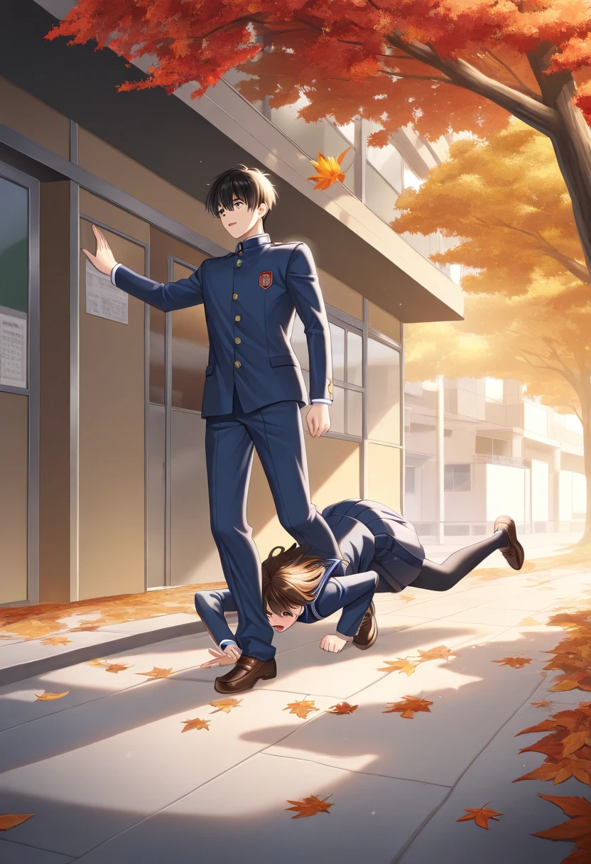1boy, male focus, ((standing)), 12 years old, blue gakuran uniform, pants, brown hair, bangs, short hair, green eyes, looking down, eyes wide open, shocked expression, crying, blushing, city park background, best quality, amazing quality, best aesthetic, absurdres, year 2023,((wetting self, pee stains, puddle)), blushing, clenching teeth, seen from below, crotch focus, penis bulge, (((hands on head, full body)))