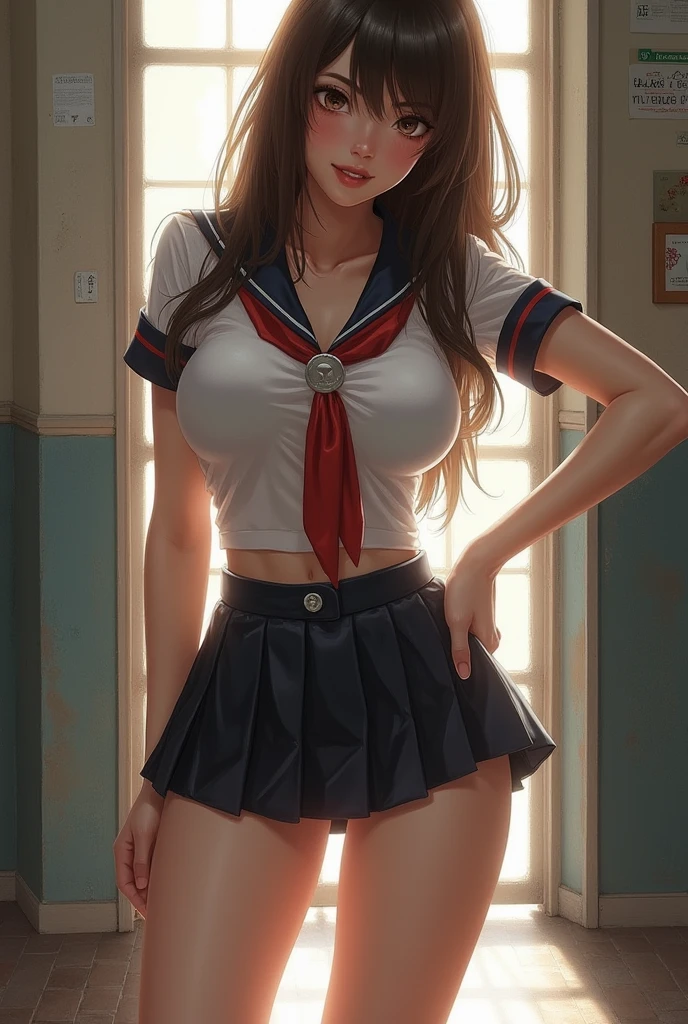 nsfw:1.5, Top quality, ultra high resolution, , (top quality, high resolution, 4K, detailed lighting, shaders, perfect anatomy, perfect proportions), eye of the beholder, (masterpiece, top quality) (top quality, 4K, 8K, high resolution, masterpiece: 1.2), highly detailed, (masterpiece: 1.3, top quality, ultra high resolution, ultra detailed), (top quality: 1.2), perfect eyes, perfect face, (top quality, 4K, 8K, high resolution, masterpiece: 1.2), highly detailed, (top quality, 4K, 8K, high resolution, masterpiece: 1.5), masterpiece, top quality, ultra detailed, top quality, high resolution, 32K CG, very delicate and beautiful, illustration, high resolution, sharp focus, very beautiful and detailed anime face, very detailed eyes, ((masterpiece)), ((best quality)), (super detailed), ((cute)), cute, ((very detailed)), 4K, (8K), best quality, (best quality, 8K, 32k, masterpiece, super high resolution, very detailed, impressionistic:1.2), blurred background, (two arms) , (two legs), (four fingers and 1 thumb) , one belly button,
(Profile: 0.8). (Looking at her chest: 2). (Friend's point of view: 1.4). (Short-sleeved sailor uniform: 1.6). (School bag: 1.4). (Several students in school hallway: 1.8). (Walking: 1.5). (Knee-toed: 1.2). (Her hands lift her dress to reveal her beautiful breasts: 1.7). (Beautiful face: 1.2). (Neatly trimmed blonde pubic hair: 1.5). (Beautiful blonde hair: 1.4). (Ponytail with red ribbon: 1.3). (White choker: 1.5). (Bracelet: 1.5). (Bangs swept to the side, revealing her forehead: 1.4). (Blue-green eyes). (Smiling shyly: 1.7). (Blushing in embarrassment: 1.6). (Pale skin: 1.4). (Perfect proportions: 1.6). (Small pink nipples: 1.3). (Breasts and nipples not covered: 1.7). (Navy blue semi-long skirt lifted up: 1.7). (Undressing panties). (Full and beautiful breasts: 1.5). (Perky breasts). (Thin waist). (Slender figure). (Beautiful butt). (Realistic facial expression: 1.4). (Realistic skin: 1.4).