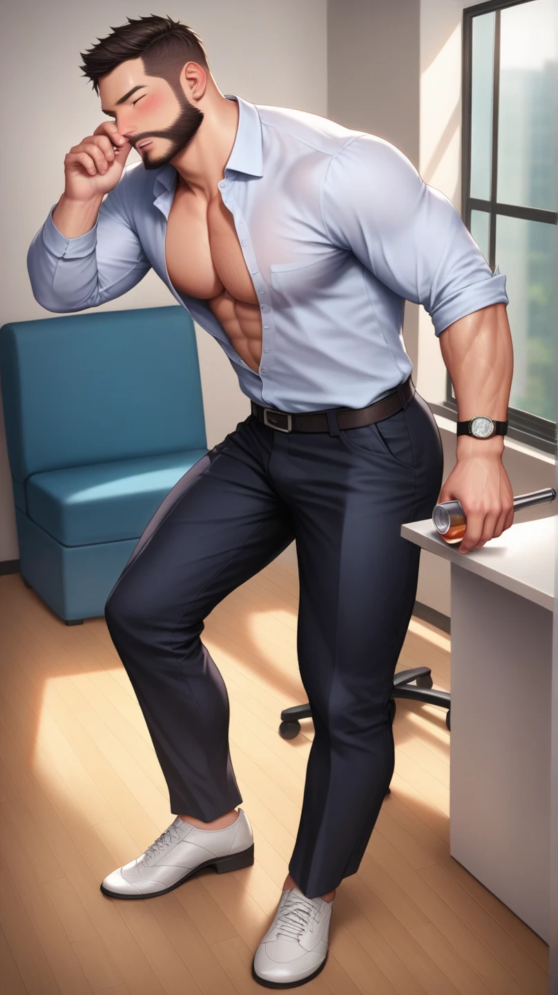 45 yers old,Kogoro Mouri,Shirtless,Tong,Bulge,office room,Kneeling,leg wide open,black long socks,Muscle men,lbeard,fortitude,artwork of a,tmasterpiece,k hd,an look of enjoyment,Be red in the face,lace Thong,sexyposture