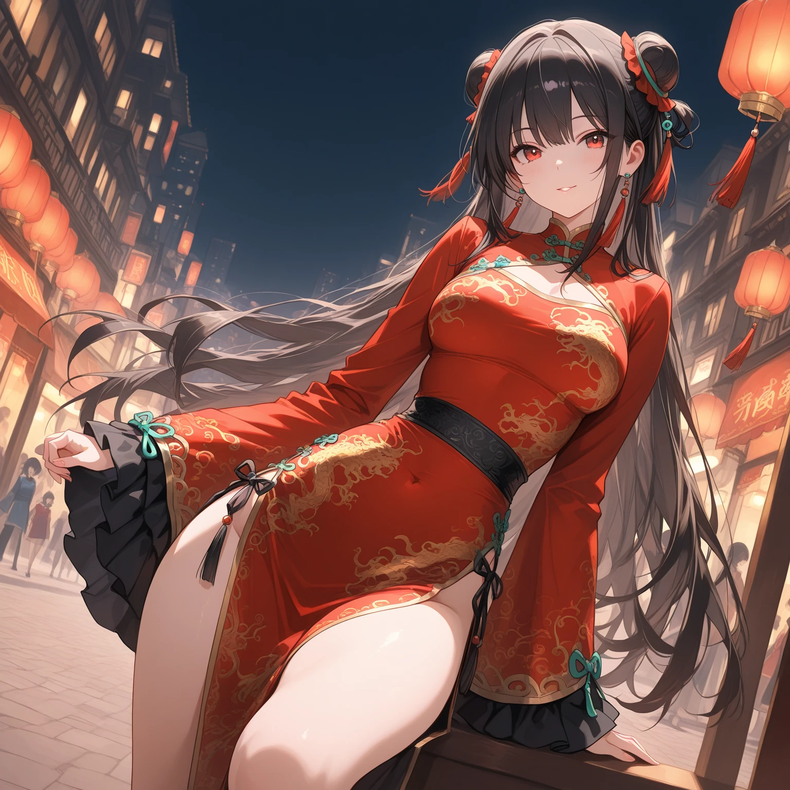 1 girl, Chinese_clothing, sit, White and pink,Network Hanfu, cheongsam, Cyberpunk city, Dynamic poses, Headdress, Hair accessories, Long hair, Cyberpunk, a high-tech city, Full of mechanical and futuristic elements, Futurism, technology