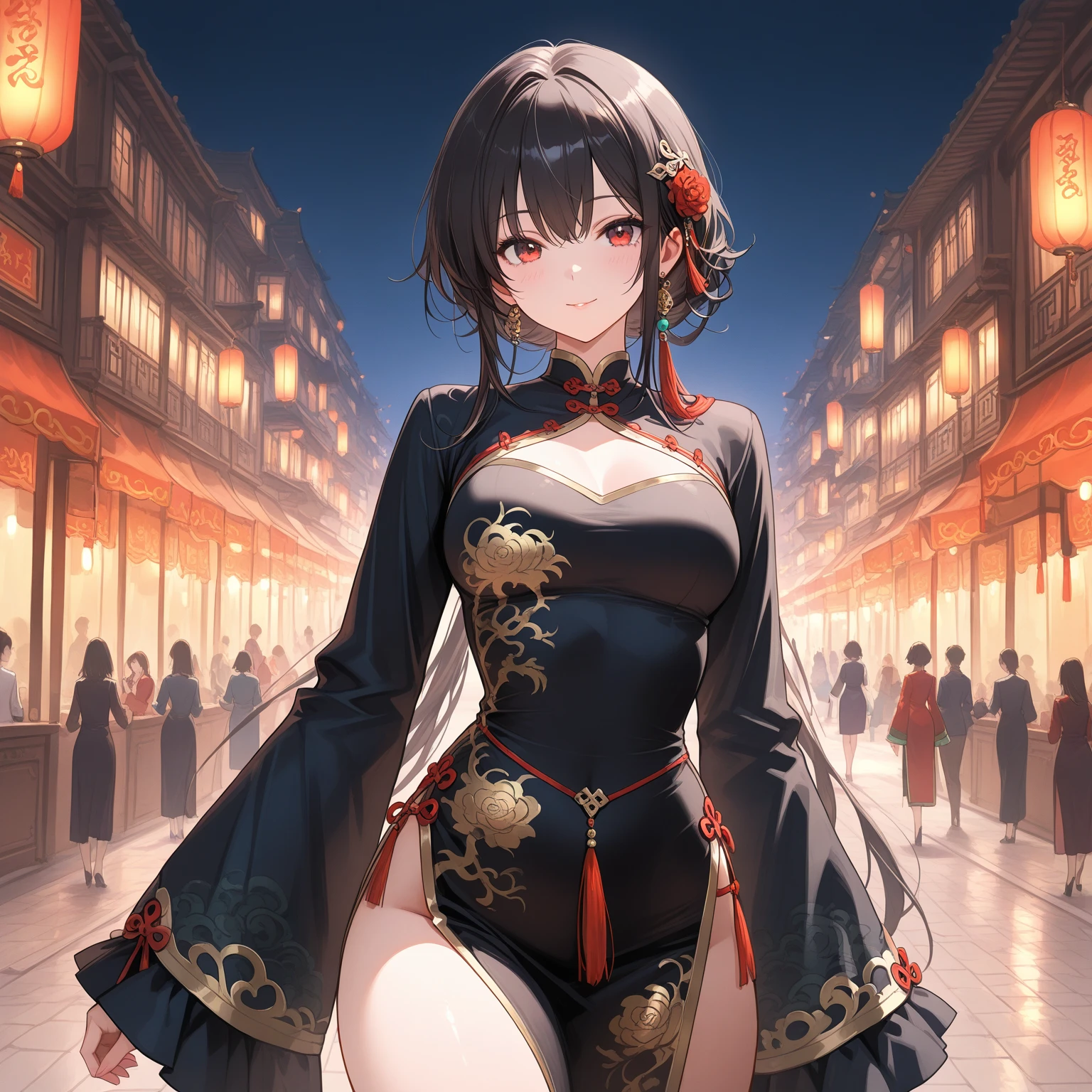 现代Urban Background，Urban Background，Street background，daytime ，Sunlight，cheongsam风格，Martial Arts Styles，Martial arts girl，Chinese style，Ball head，Ball head，cheongsam，cheongsam，高开叉cheongsam，黑色丝绸Tights，Tights，Tights，Bodysuit，Black tights，cheongsam下摆，cheongsam下摆，Front of robe，Robe hem，Fighting Stance，Fighting Stance，Combat stance，Big breasts and big buttocks